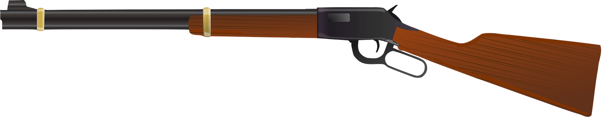 Classic lever-action rifle with walnut stock, blued steel barrel, and two brass cartridges displayed horizontally.