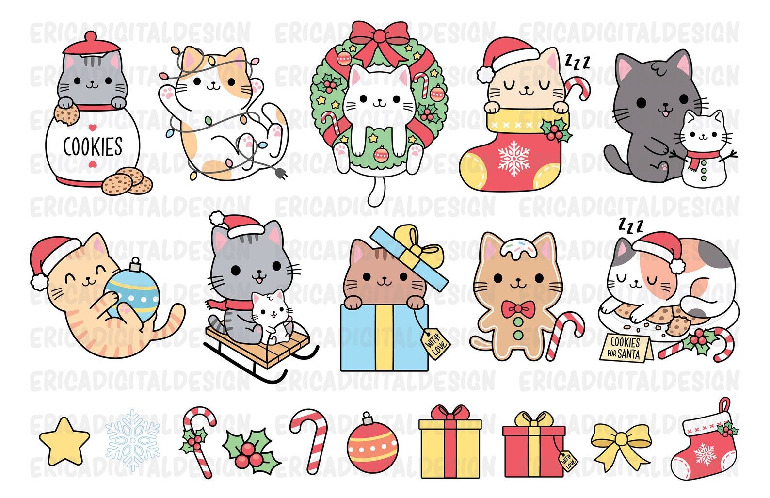 Festive Kawaii Cat Clipart Collection - Christmas-Themed Digital Illustrations