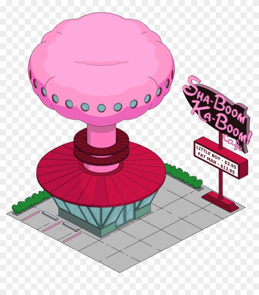 A cartoon-style Sha-Boom Ka-Boom! Cafe with a giant pink mushroom-shaped roof and red circular base, plus a sign listing menu items.