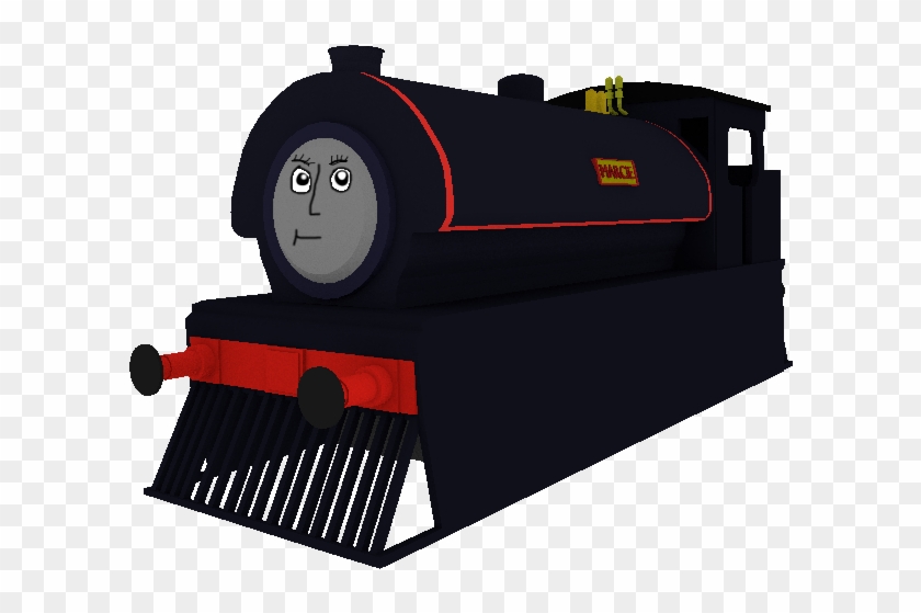 Black steam locomotive named "MARCIE" with a cartoon face, red trim, and cowcatcher on transparent background.
