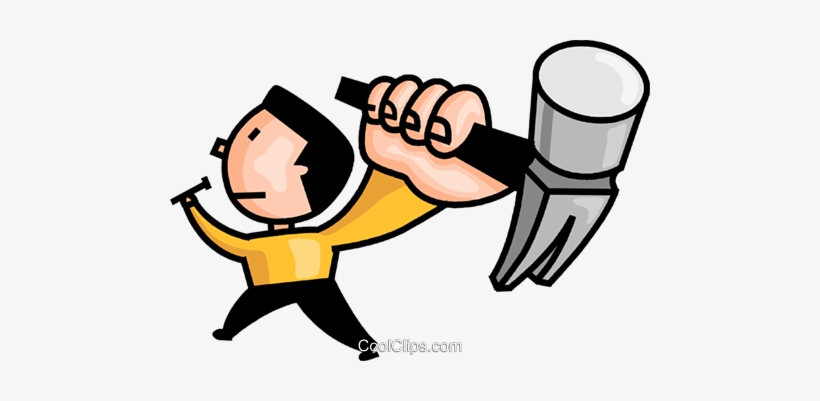 Cartoon man in yellow shirt swinging a large hammer with determination.