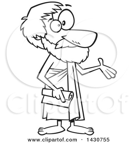 Cartoon philosopher with beard, glasses, and scroll, gesturing thoughtfully.