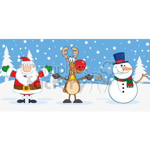 Santa Claus, a reindeer with red nose, and a snowman smiling in snowy winter scene with pine trees.