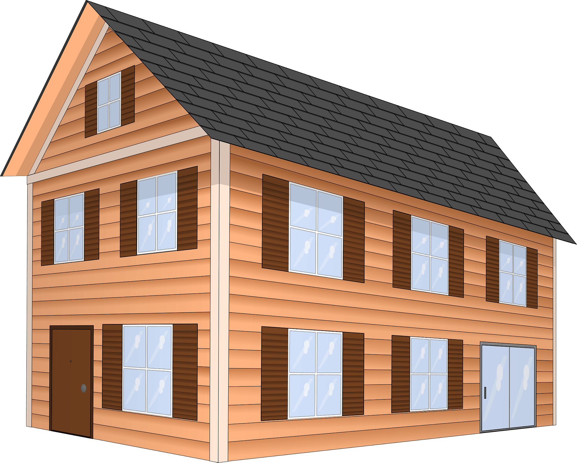 Two-story wooden house with black shingle roof, brown shutters, and multiple windows including a garage door.