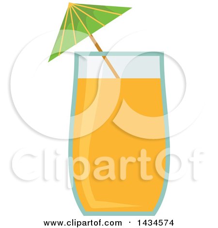 A tall glass of orange juice with a green paper umbrella on a white background.