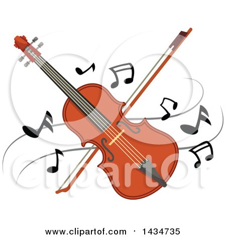 Red violin with bow crossed over it, surrounded by floating musical notes on white background.