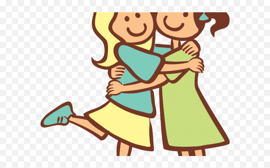 Two smiling cartoon girls hugging joyfully, one with blonde hair in a yellow skirt, the other with brown hair in a green dress.