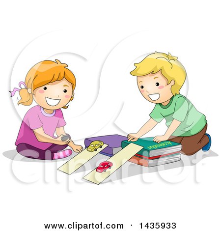 Kids Playing with Toy Cars and Book Ramps - Educational Playtime Illustration