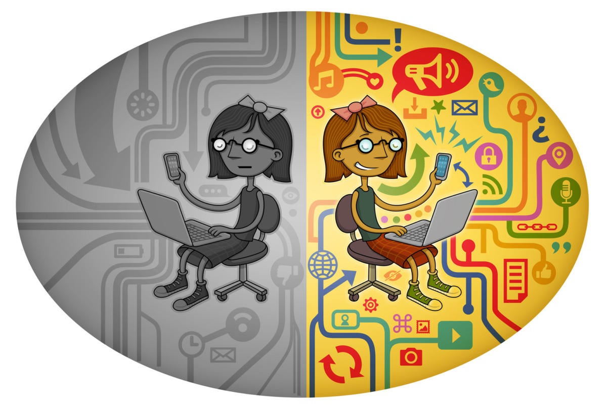 Two cartoon girls using laptops and phones-one in grayscale with circuitry, the other in vibrant color with digital icons-symbolizing digital literacy contrast.