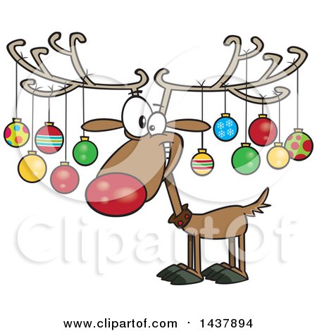 Cartoon reindeer with large antlers decorated with colorful Christmas ornaments, smiling cheerfully.