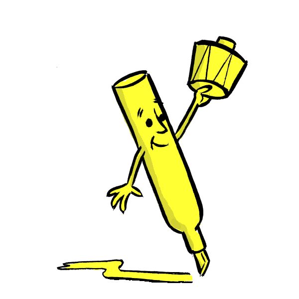 A cheerful yellow highlighter character with arms, a face, and a cap raised in celebration, leaving a yellow mark on paper.