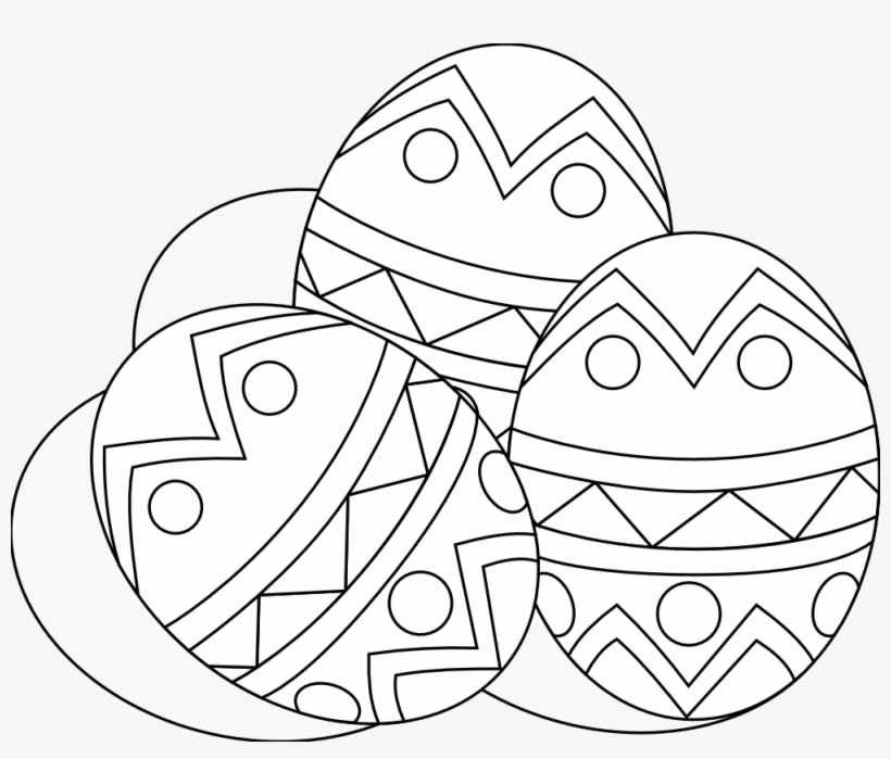 Black-and-white line drawing of four decorated Easter eggs with geometric patterns and circles, overlapping in a cluster.