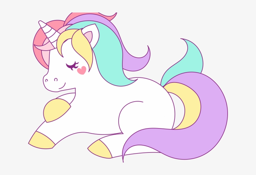 Cute pastel-colored cartoon unicorn lying down with closed eyes and a heart blush.