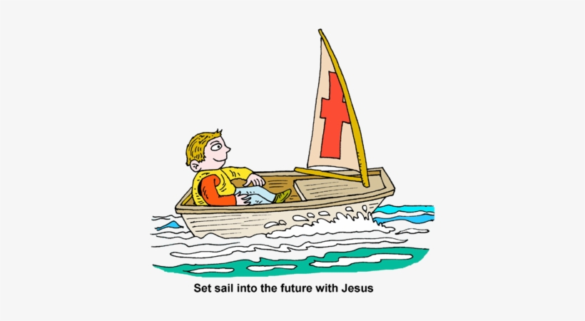 Boy sailing a small boat with a red-cross sail, captioned "Set sail into the future with Jesus"