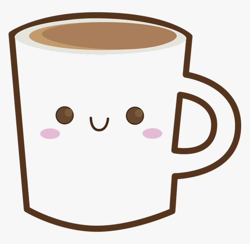 Cute kawaii-style white coffee mug with smiling face, rosy cheeks, and brown liquid inside.