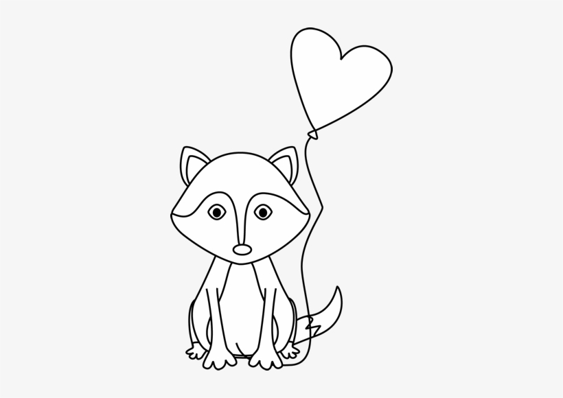 Adorable Raccoon with Heart Balloon Coloring Page & Clipart