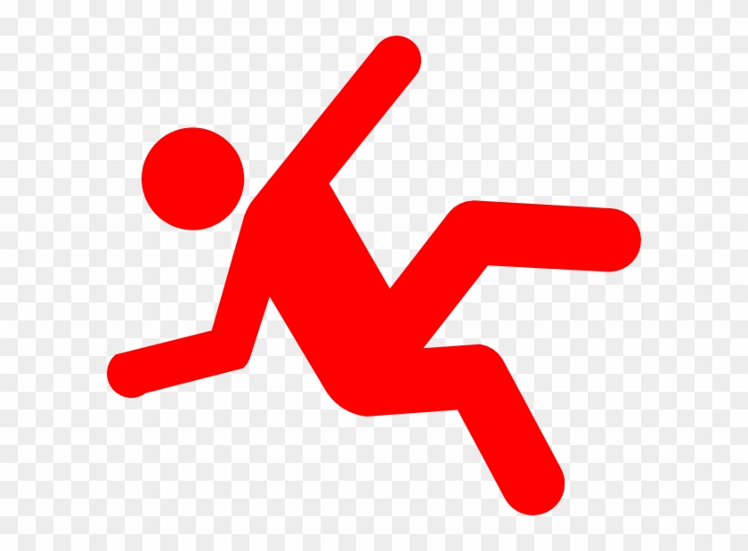 Red pictogram of a person falling backward, arms and legs extended, indicating slip or fall hazard.