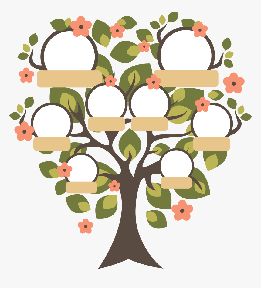 Decorative family tree illustration with blank photo circles, green leaves, and peach blossoms for genealogy or ancestry projects.