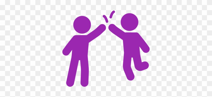 Two purple stick figures giving a high-five, symbolizing teamwork, celebration, or agreement.