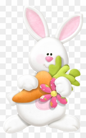 Cute white Easter bunny holding a carrot and pink flower, with pink inner ears and rosy cheeks.