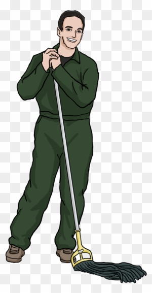 Smiling man in green uniform holding a mop, ready for cleaning tasks.