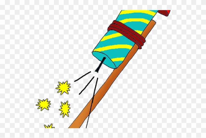 Colorful striped firework rocket launching with sparks, mounted on a wooden stick against transparent background.