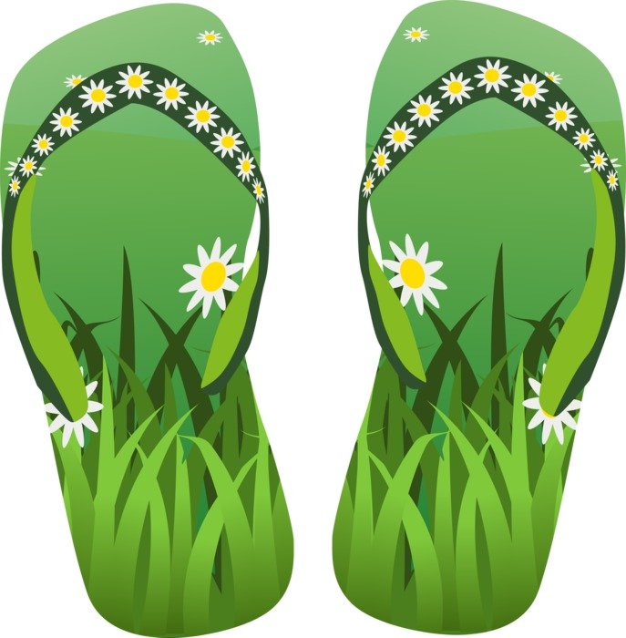 Green flip-flops with daisy-decorated straps and grassy soles, evoking spring and nature themes.
