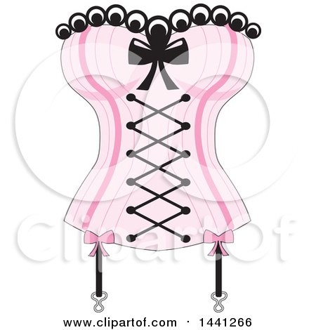 Pink striped corset with black lace trim, bow, and garter straps.