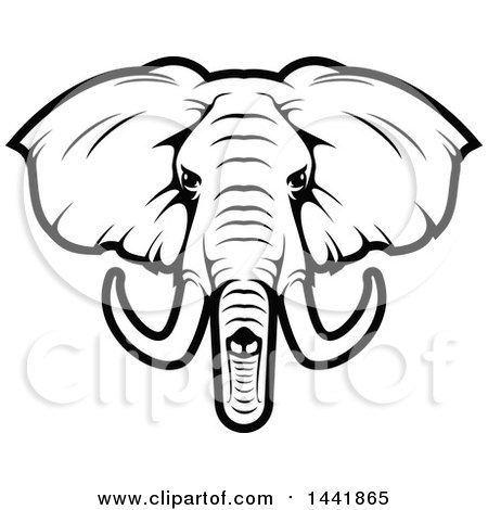 Black and white stylized elephant head logo with large ears, expressive eyes, and curved tusks.
