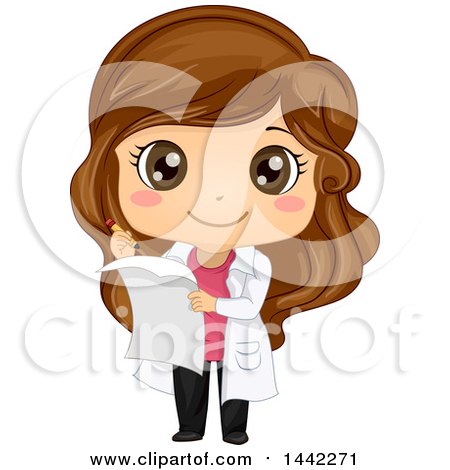 Charming cartoon female scientist in lab coat holding clipboard and pen, smiling warmly.