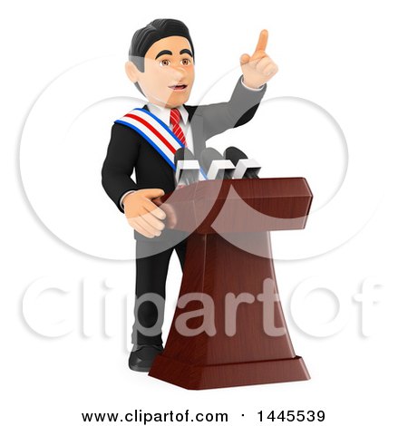 3D cartoon man in suit and sash speaking at podium, pointing upward with right hand.