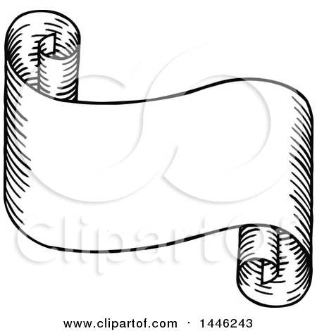 Hand-drawn black-and-white scroll banner with rolled ends and hatched shading, blank center for text or design.