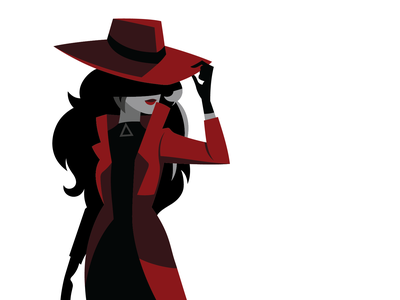 Stylish animated woman in red fedora and trench coat, tipping her hat with a mysterious smile.