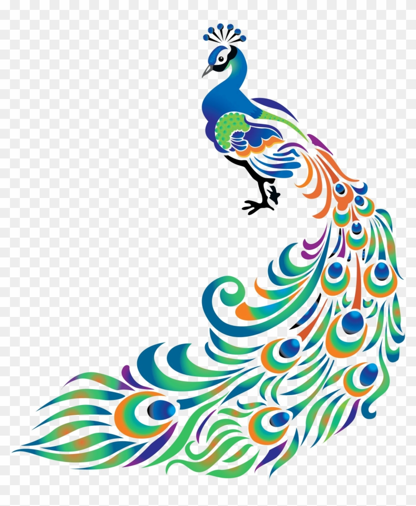 Vibrant stylized peacock with colorful, swirling tail feathers in blue, green, orange, and purple on transparent background.