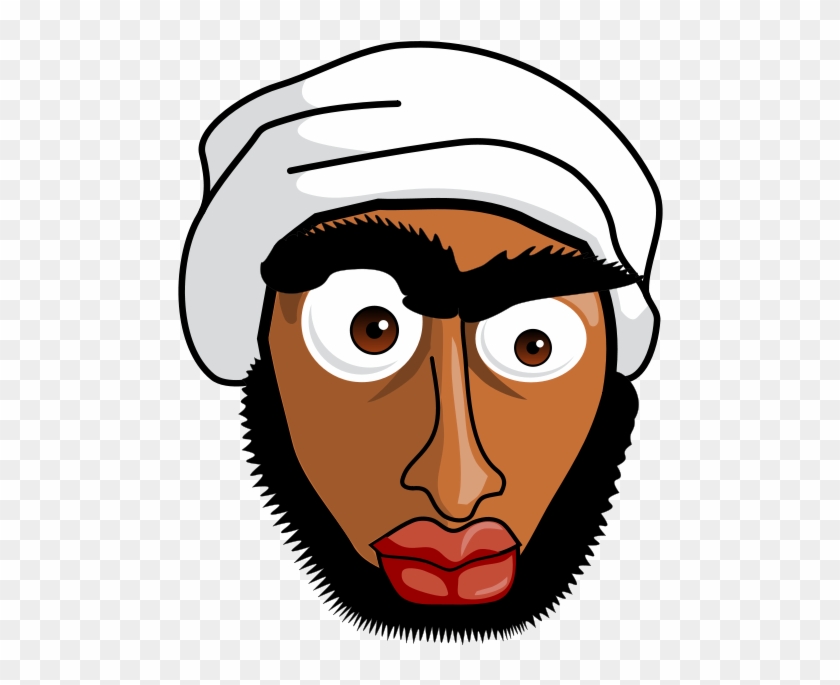 Cartoon illustration of a man with dark skin, thick black beard and eyebrows, wearing a white turban, wide-eyed expression.