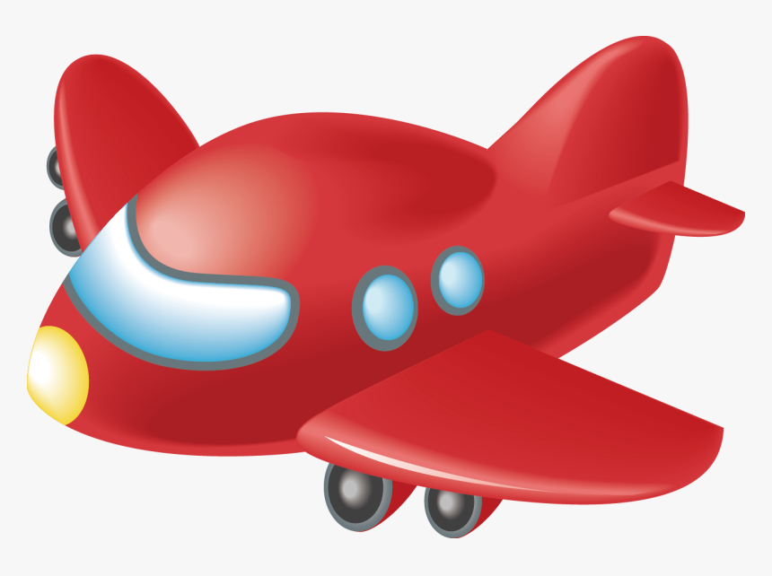 Red cartoon airplane with blue windows, yellow nose light, and landing gear extended.