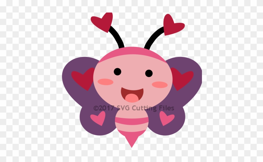 Cute pink cartoon bee with heart-shaped antennae and wings, smiling joyfully.