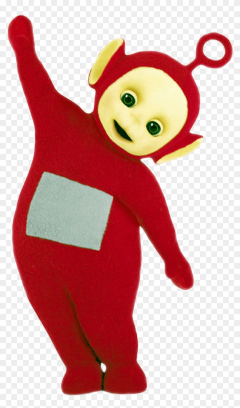 Red Teletubby character Po waving with one arm raised, yellow face, green eyes, and antenna loop.