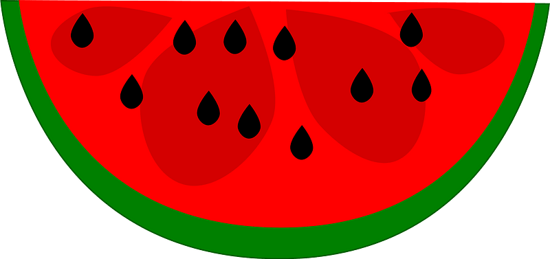 A vibrant cartoon-style slice of watermelon with red flesh, black seeds, and a green rind.
