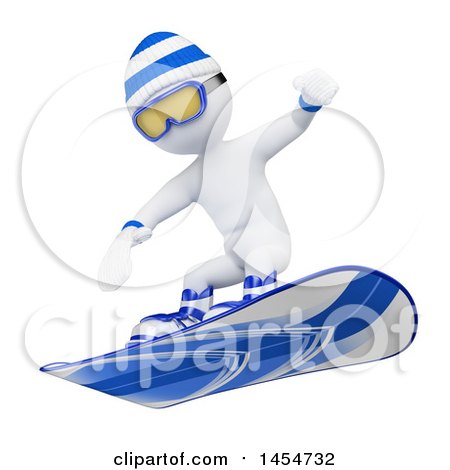 White 3D character snowboarding in blue and white gear with goggles and beanie.