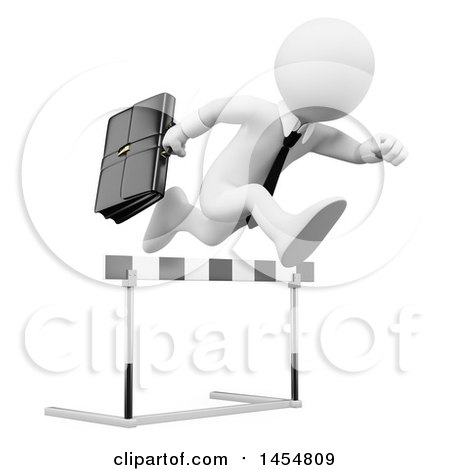 3D white businessman leaping over a hurdle while holding a briefcase.