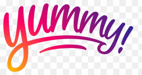Colorful gradient "yummy!" logo in playful handwritten script with orange-to-purple fade and exclamation mark.