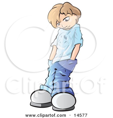 Cartoon boy with blond hair, blue shirt, baggy jeans, and oversized shoes, standing with hands in pockets and a smirk.