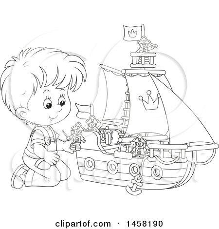 A smiling boy kneels beside a detailed pirate ship toy with crowns and flags, ready for coloring.