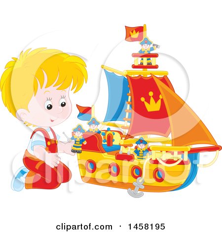 A cheerful blond boy in red overalls plays with a colorful toy pirate ship featuring crowns, flags, and miniature sailors.