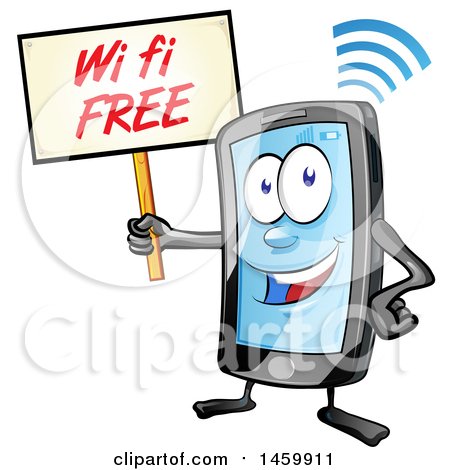Cartoon smartphone character holding a "Wi-Fi FREE" sign with Wi-Fi signal icon above head.