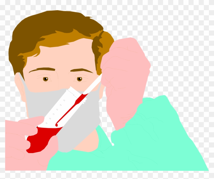 Healthcare worker drawing blood with a syringe while wearing a mask and gloves.