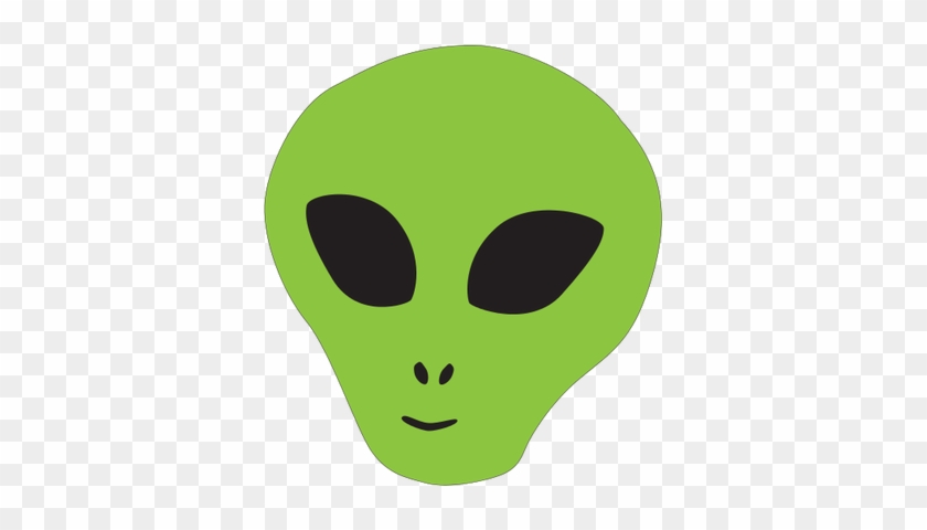 Green cartoon alien head with large black eyes, small nose, and subtle smile on transparent background.