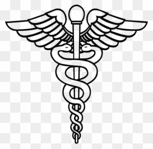 Black-and-white line drawing of the caduceus symbol: a winged staff entwined by two snakes.