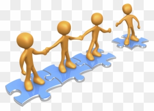 Four orange 3D figures holding hands across blue puzzle pieces on a transparent background, symbolizing teamwork and connection.